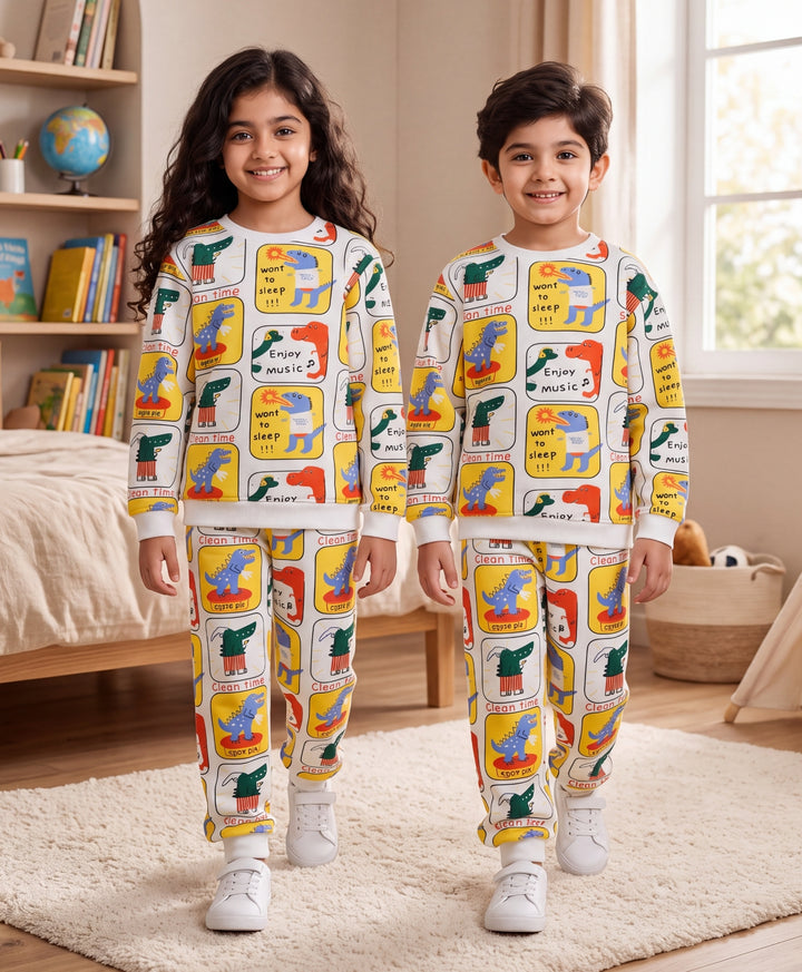 DINOSAUR STAMP FLEECE SWEATSHIRT JOGGER SET - OFF WHITE