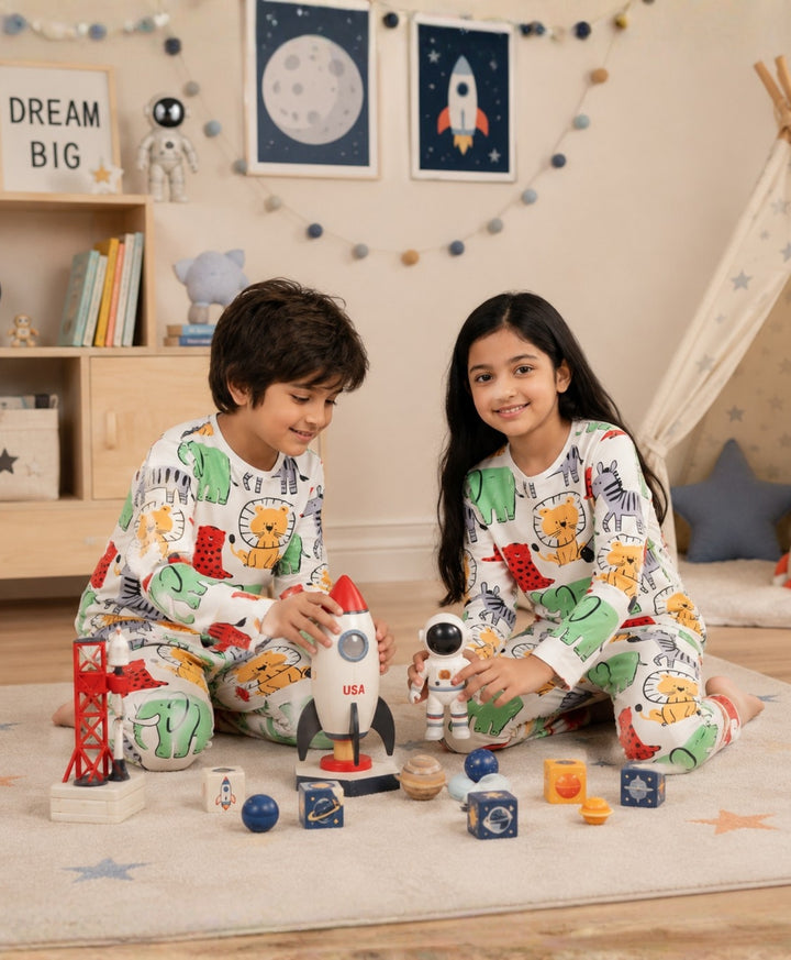 Jungle Safari White Full Sleeves Pyjama Set for Bouys | 100% Cotton Kids Nightwear