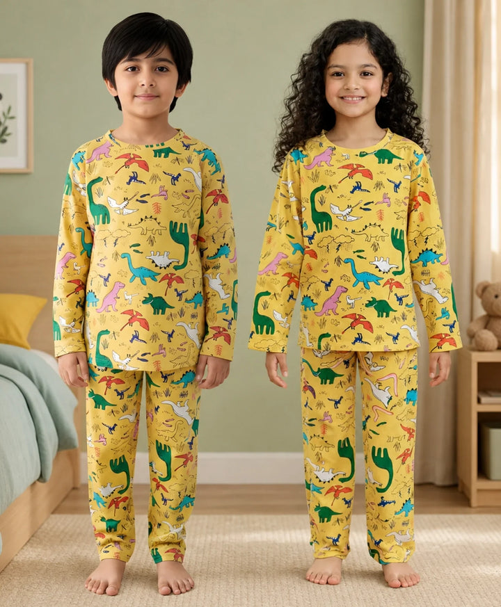 Raining Dinosaur Long Sleeves Pyjama Set - Yellow