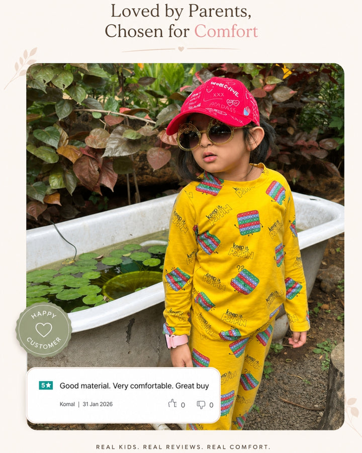 Pop It Yellow Full Sleeves Pyjama Set for Boys | 100% Cotton Kids Nightwear