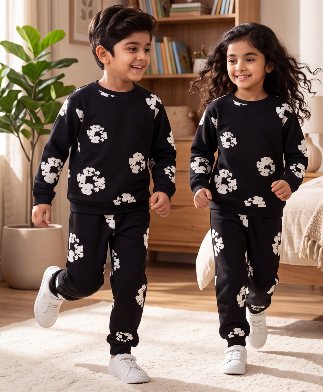 POP BLACK &amp; WHITE FLEECE SWEATSHIRT JOGGER SET - BLACK