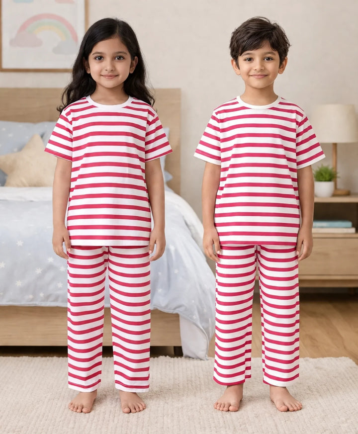 Red White Stripe Short Sleeve Pyjama Set - Red/White
