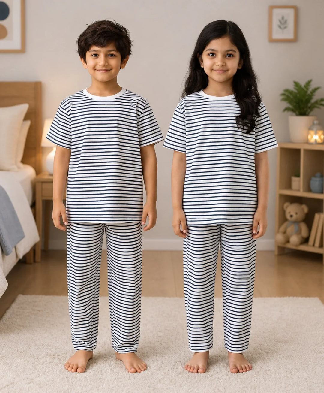 Black White Stripe Short Sleeve Pyjama Set - Black/White
