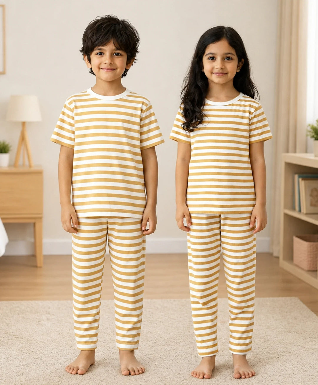 Beige White Stripe Short Sleeve Pyjama Set - Beige/White