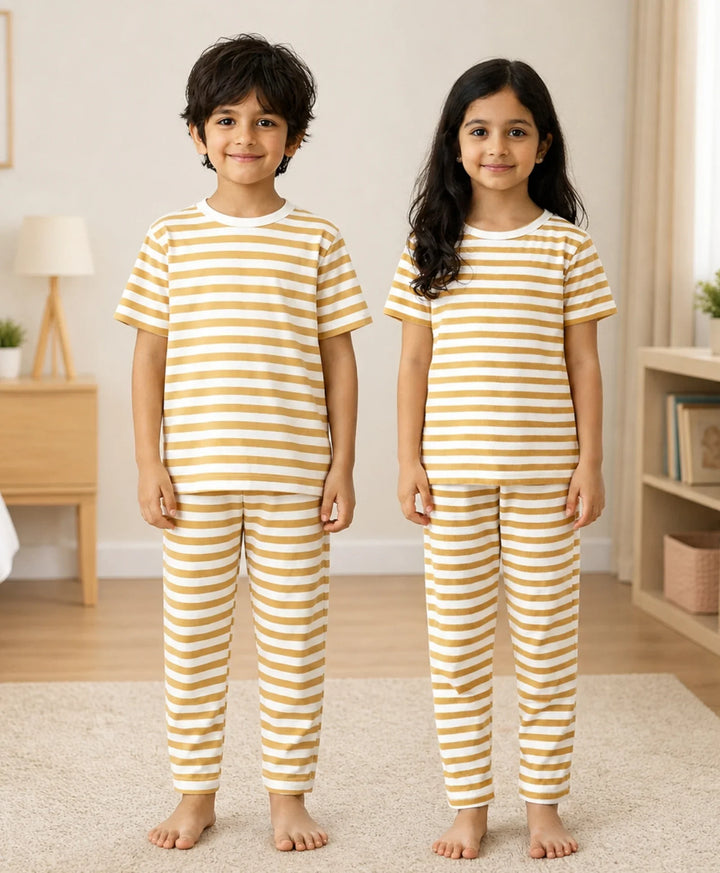Beige White Stripe Short Sleeve Pyjama Set - Beige/White