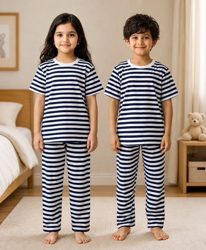 Navy White Stripe Short Sleeve Pyjama Set - Navy/White