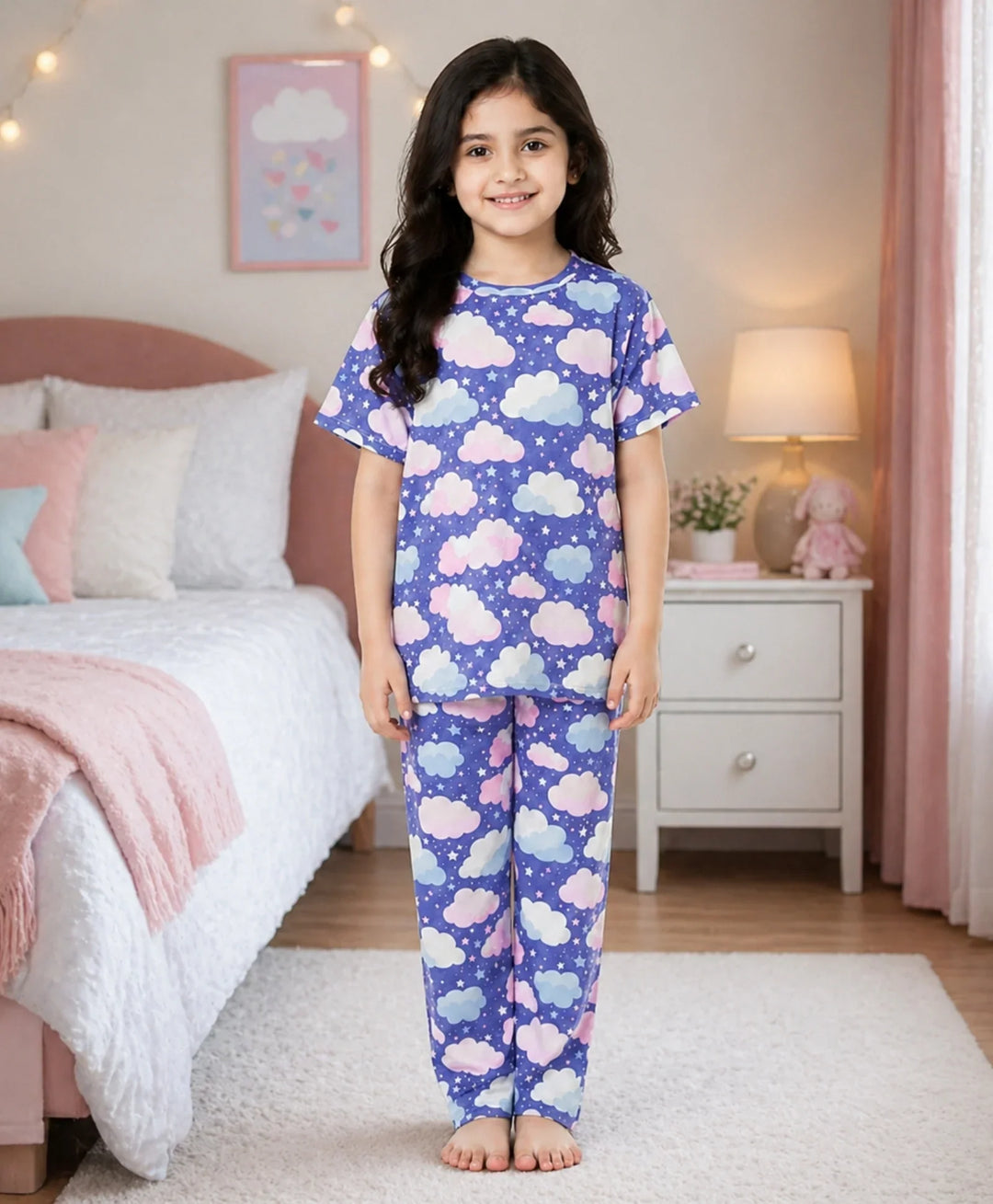Purple Clouds Girls Short Sleeve Pyjama Set - Purple