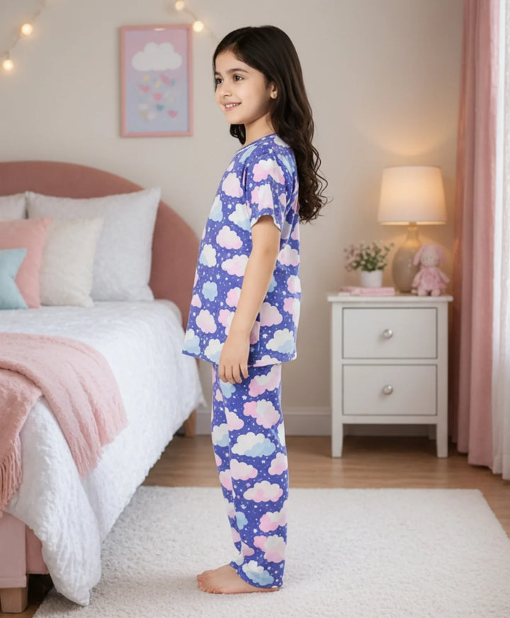 Purple Clouds Girls Short Sleeve Pyjama Set - Purple