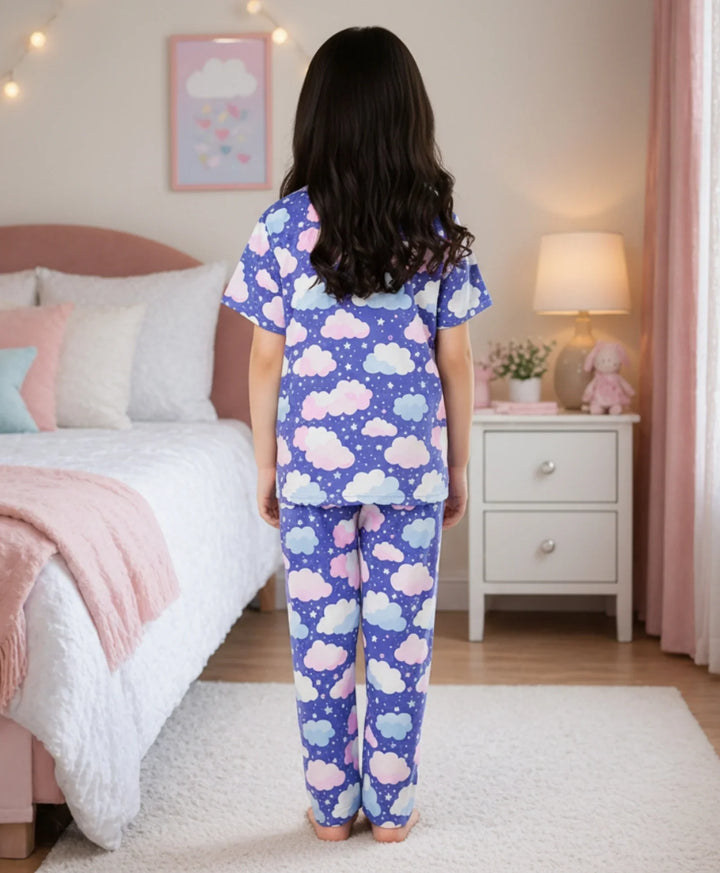 Purple Clouds Girls Short Sleeve Pyjama Set - Purple
