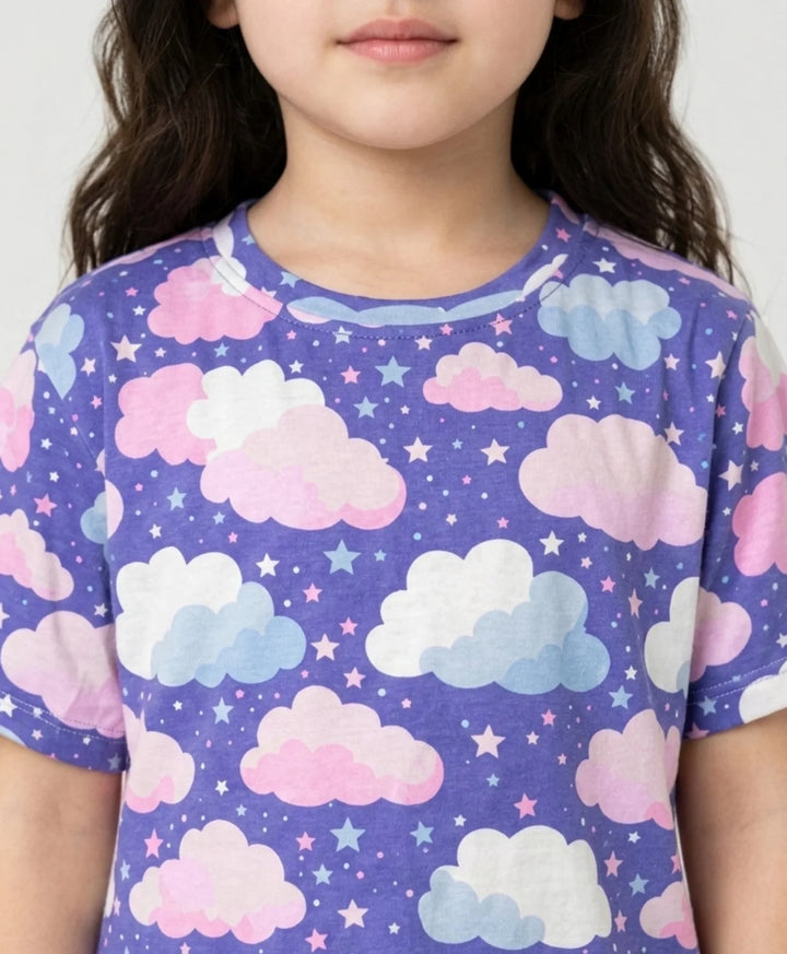 Purple Clouds Girls Short Sleeve Pyjama Set - Purple