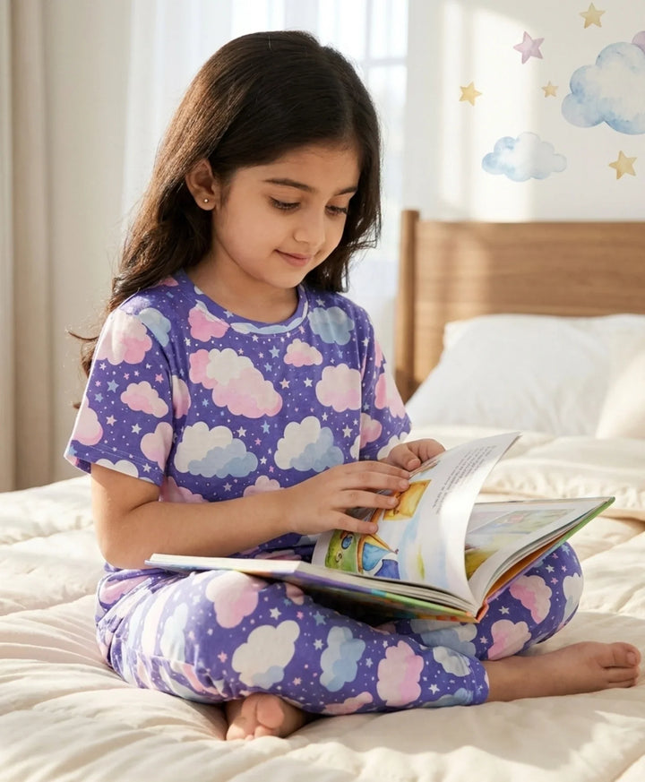 Purple Clouds Girls Short Sleeve Pyjama Set - Purple