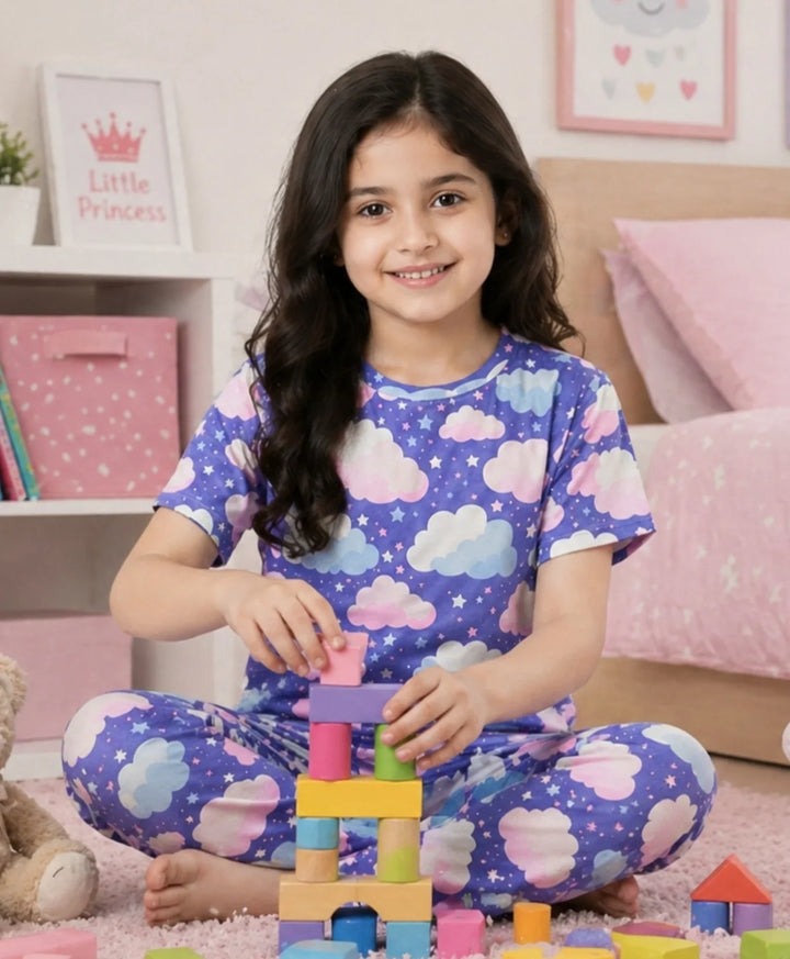 Purple Clouds Girls Short Sleeve Pyjama Set - Purple