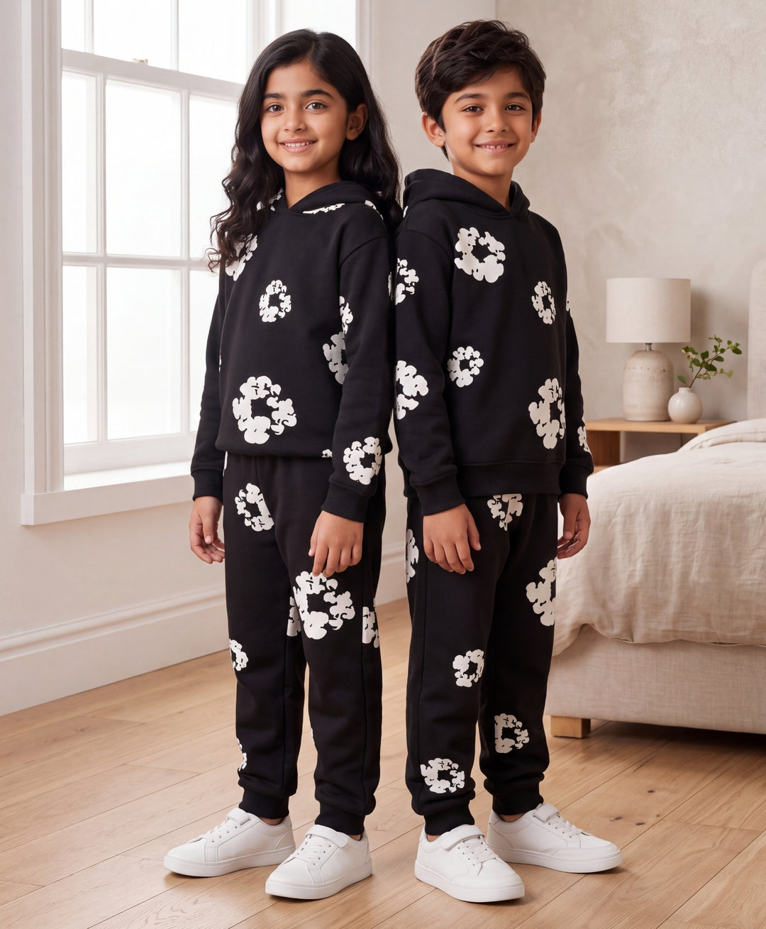 POP BLACK &amp; WHITE FLEECE HOODIE JOGGER SET - BLACK