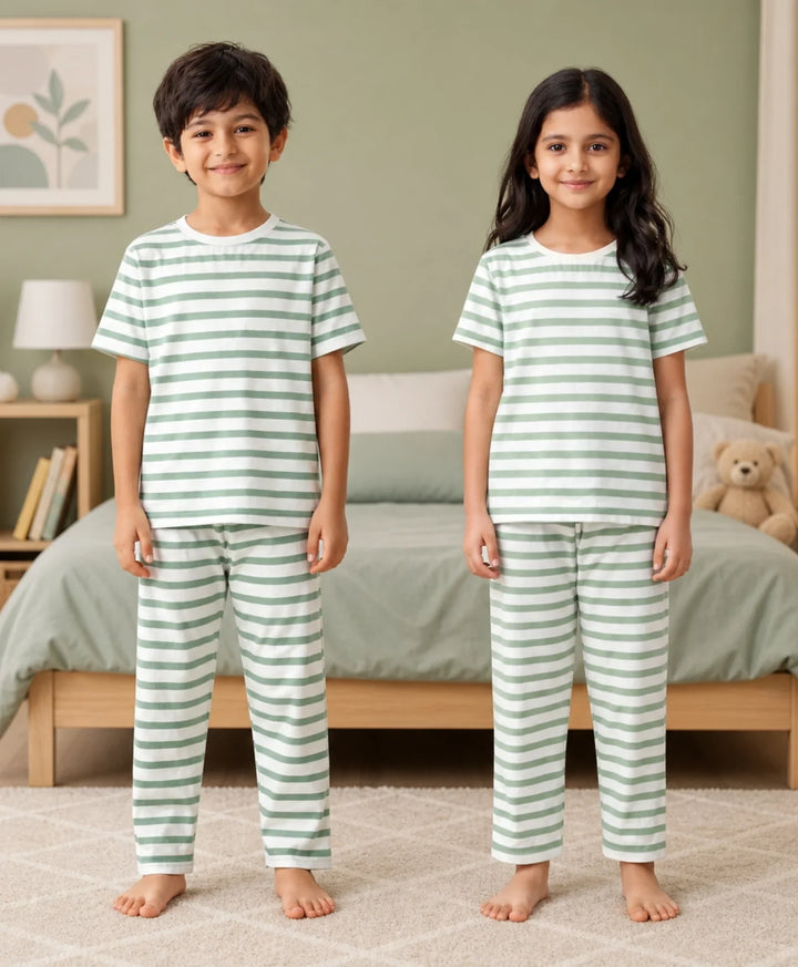 Green White Stripe Short Sleeve Pyjama Set - Green/White