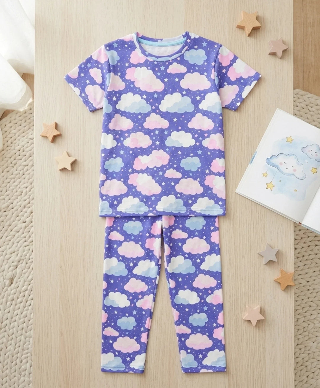 Purple Clouds Girls Short Sleeve Pyjama Set - Purple
