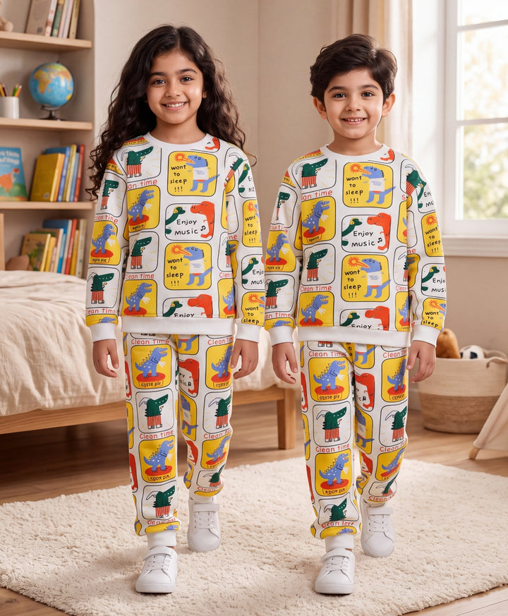 DINOSAUR STAMP FLEECE SWEATSHIRT JOGGER SET - OFF WHITE