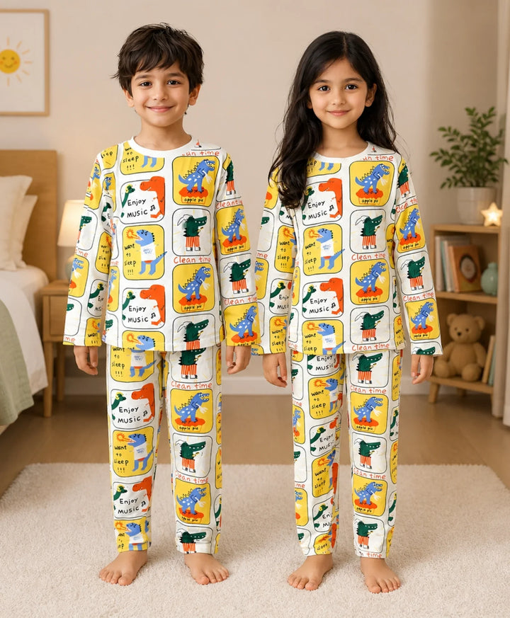 Dinosaur Stamp Long Sleeve Pyjama Set -White