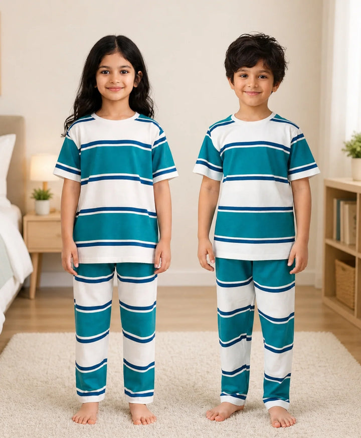 Oil Green Navy White Stripe Short Sleeve Pyjama Set - Oil Green/Navy/White