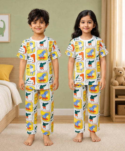 DINOSAUR STAMP SHORT SLEEVE PYJAMA SET - WHITE