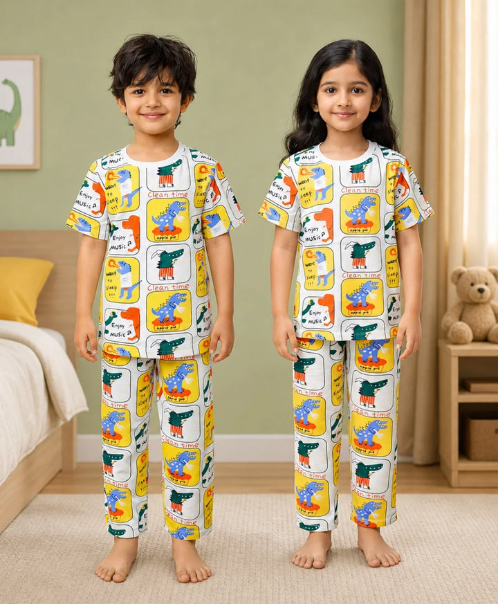 Dinosaur Stamp Short Sleeve Pyjama Set - White