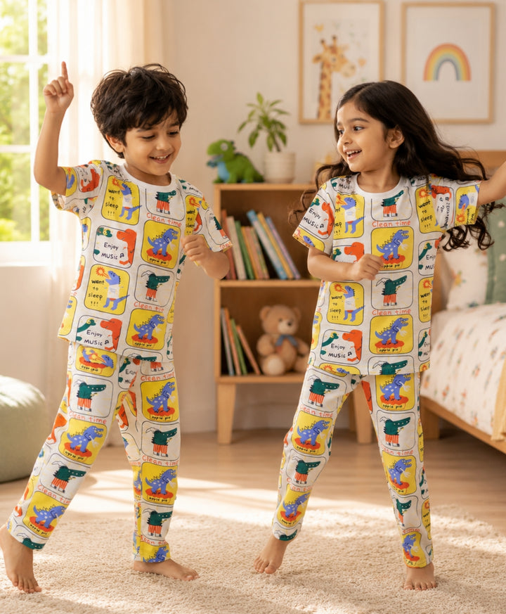 Dinosaur Stamp Girls Short Sleeve Pyjama Set - Yellow