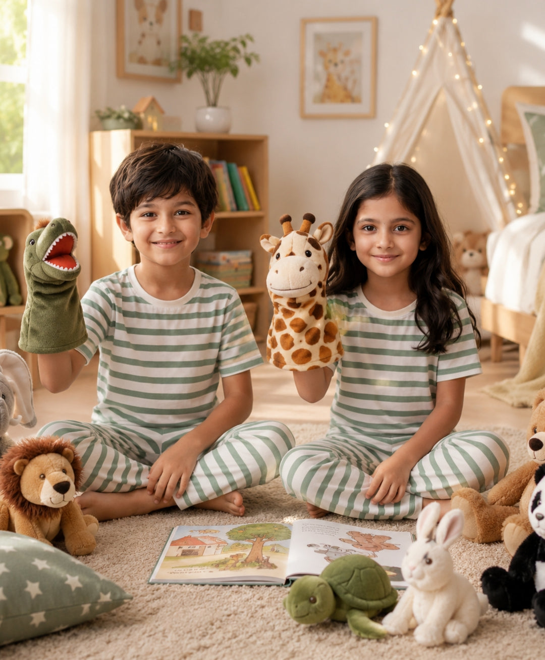 Green White Stripe Girls Short Sleeve Pyjama Set - Green/White