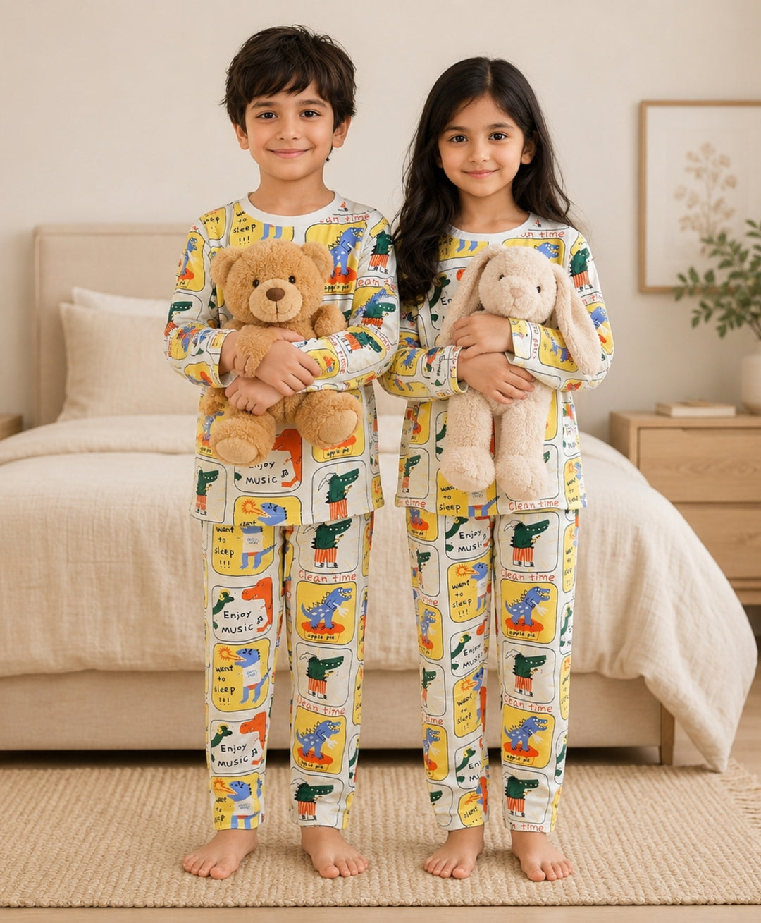 Dinosaur Stamp Girl Long Sleeve Pyjama Set - White