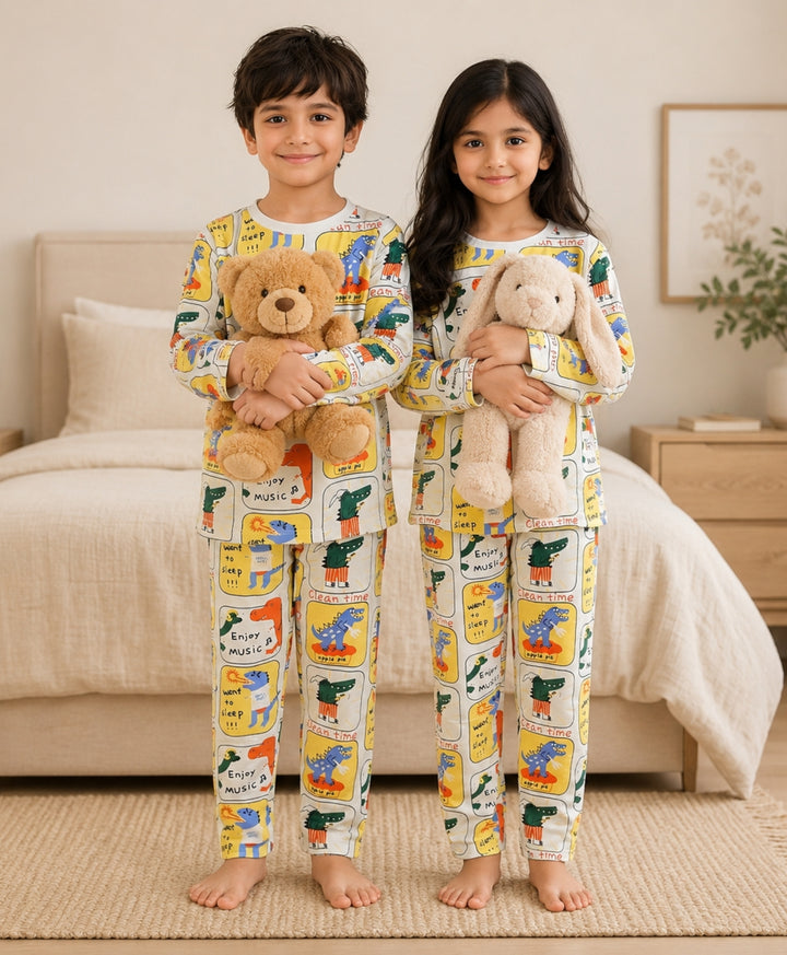 Dinosaur Stamp Girl Long Sleeve Pyjama Set - White