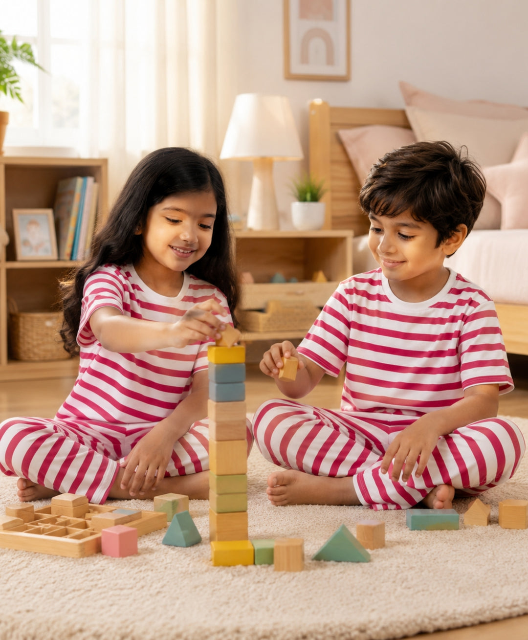 Red White Stripe Short Girls Sleeve Pyjama Set - Red/White