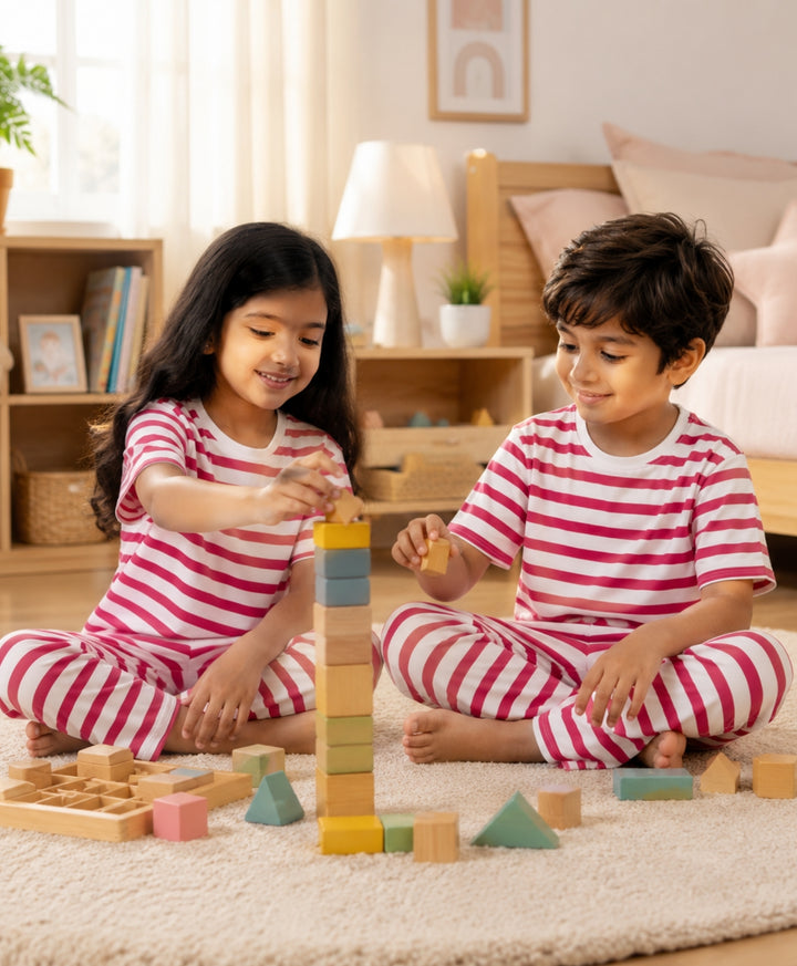 Red White Stripe Short Girls Sleeve Pyjama Set - Red/White