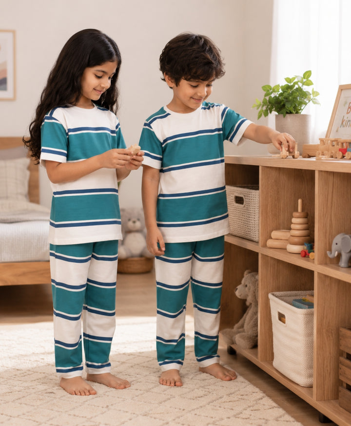 Oil Green Navy White Stripe Girls Short Sleeve Pyjama Set - Oil Green/Navy/White