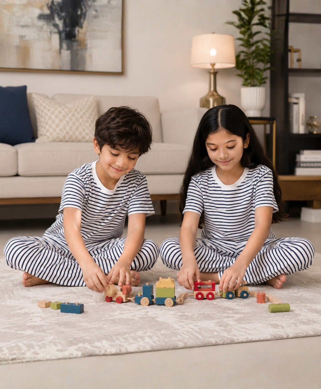 Black White Stripe Girls Short Sleeve Pyjama Set - Black/White