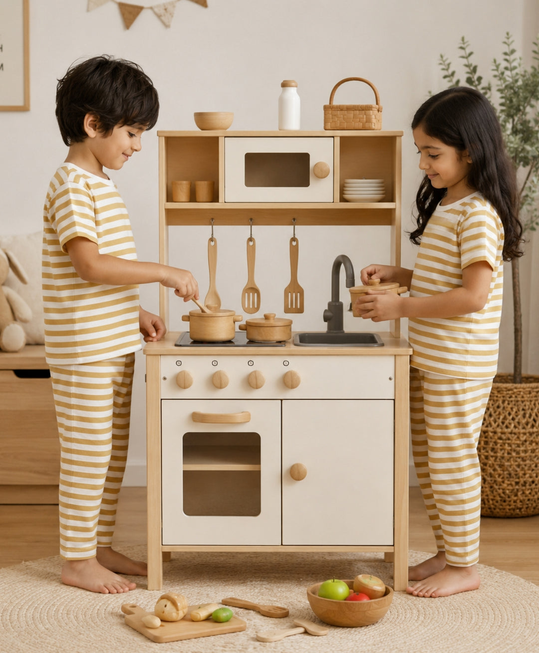 Beige White Stripe Girls Short Sleeve Pyjama Set - Beige/White
