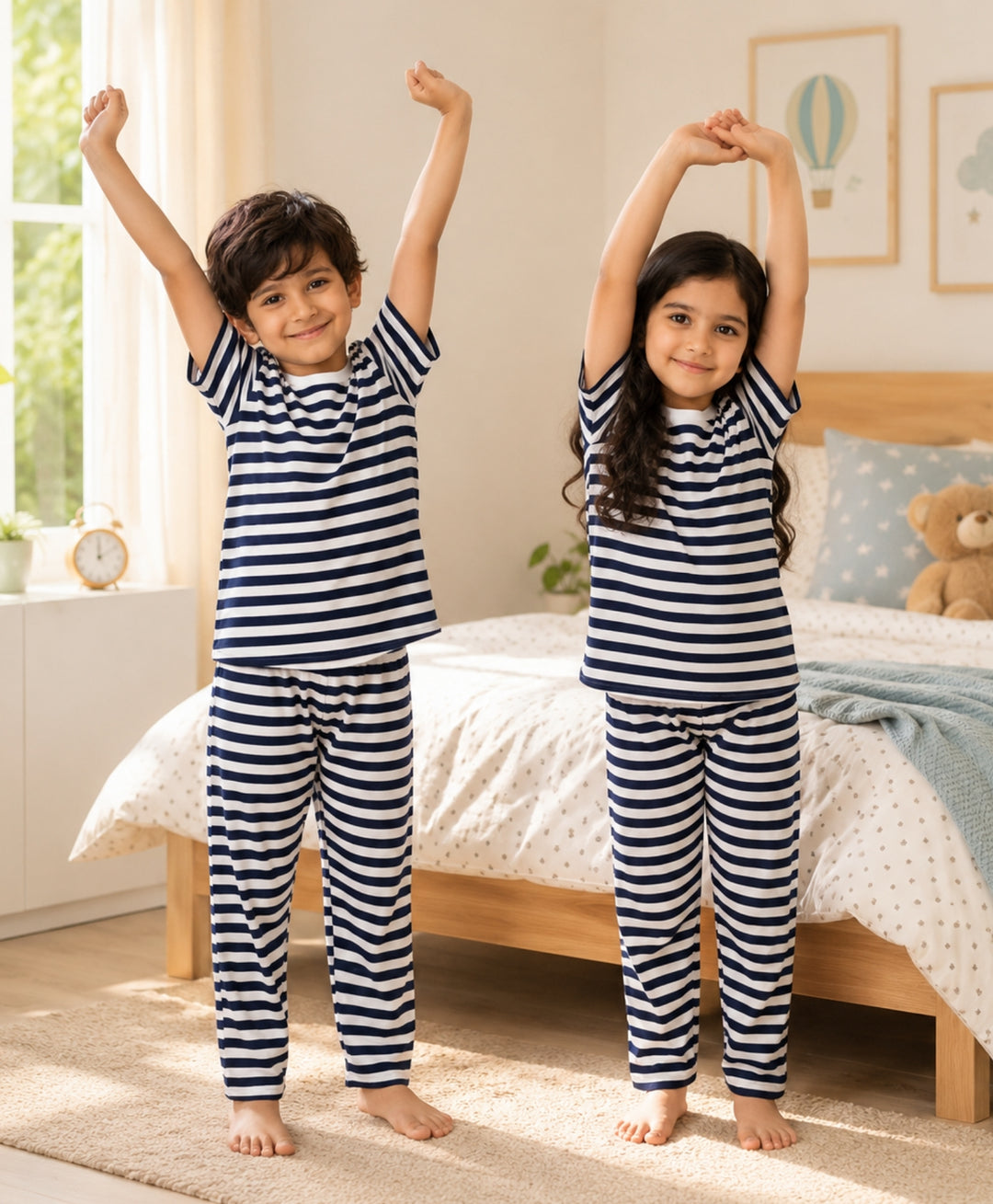 Navy White Stripe Girls Short Sleeve Pyjama Set - Navy/White