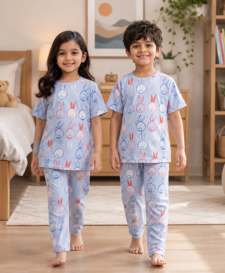 Rabbit Print Girls Short Sleeve Pyjama Set - Blue