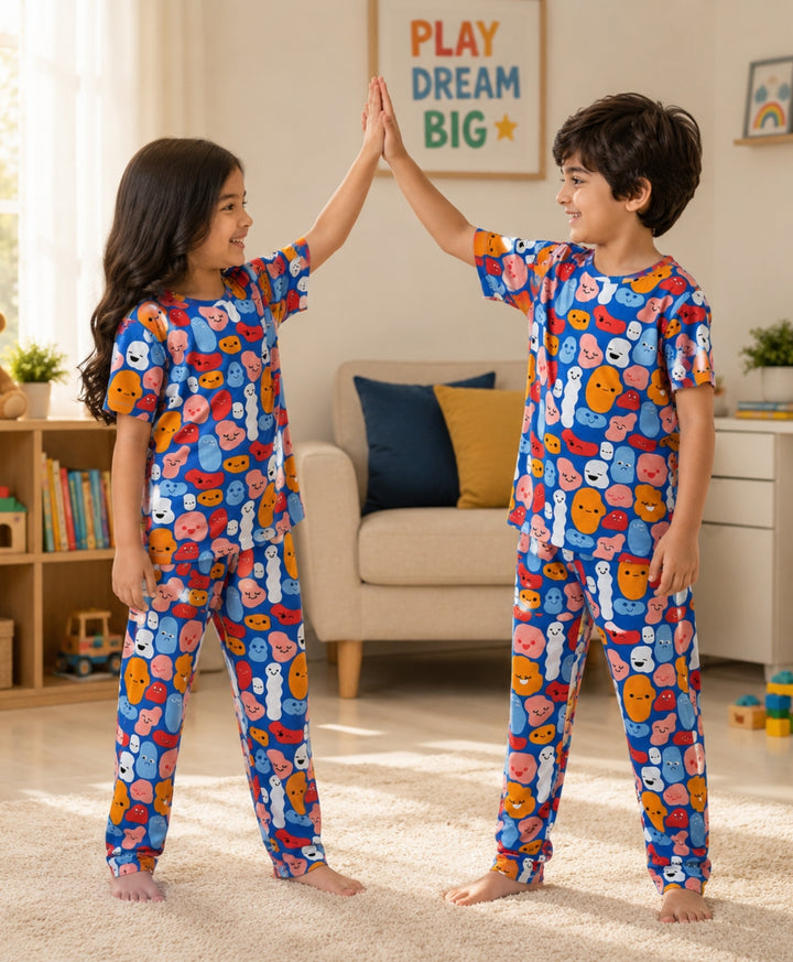 Happy Blobs Short Sleeve Pyjama Set - Blue