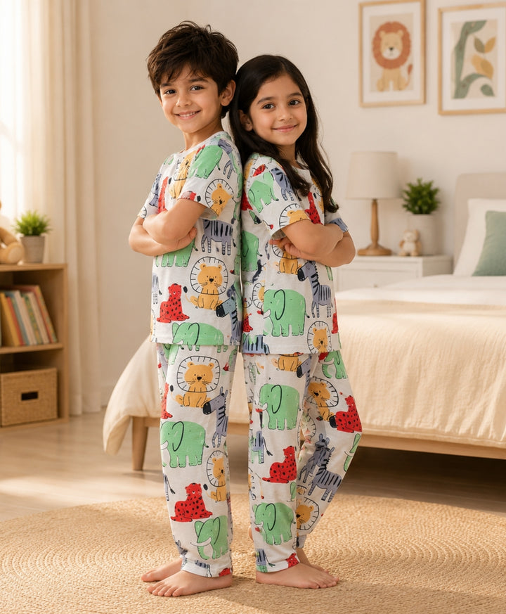 Jungle Print Girls Short Sleeve Pyjama Set - White