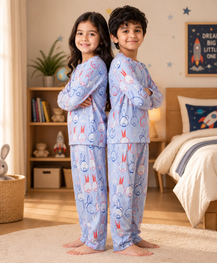 Rabbit Print Girls Long Sleeve Pyjama Set - Blue