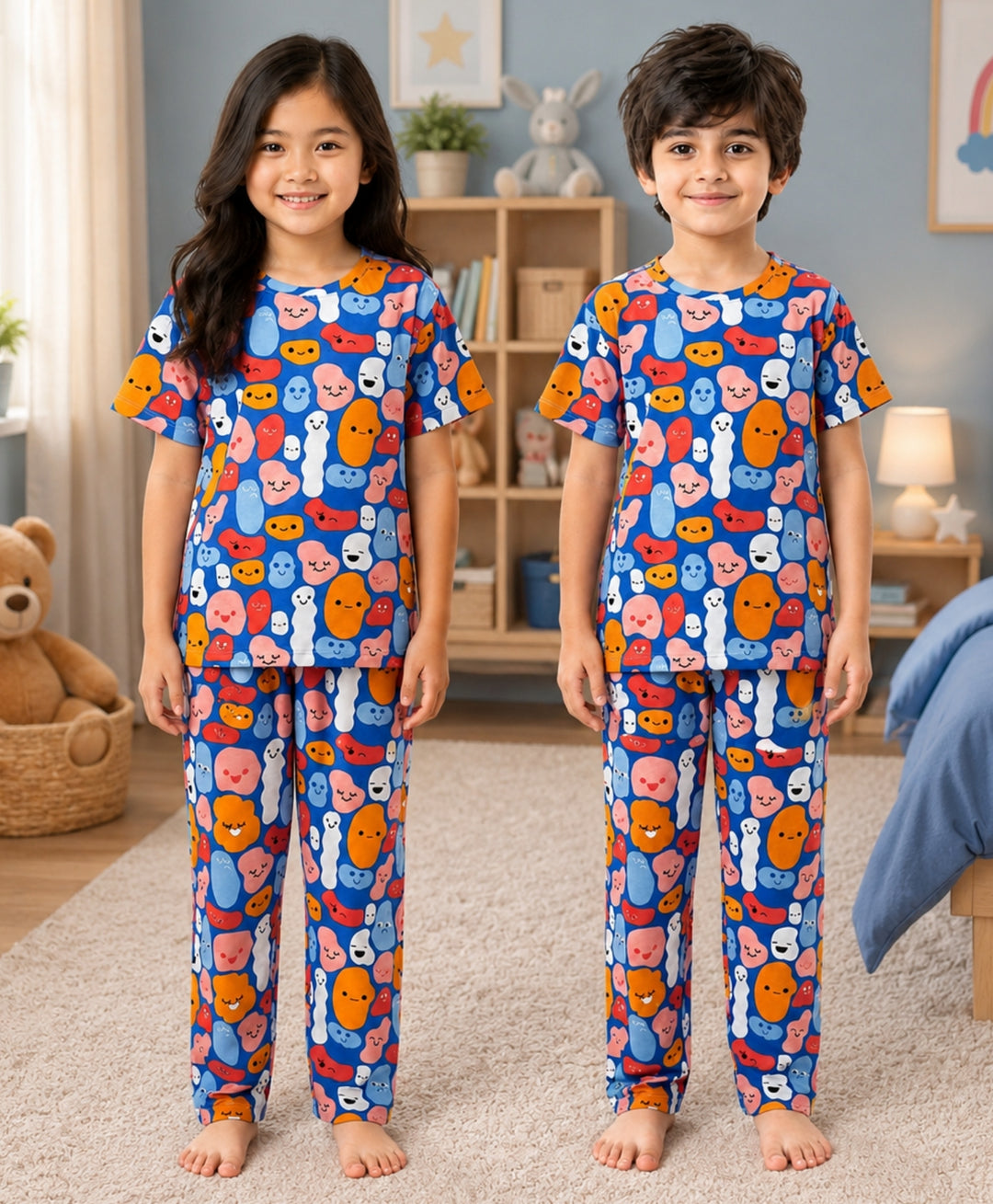 Happy Blobs Girls Short Sleeve Pyjama Set - Blue