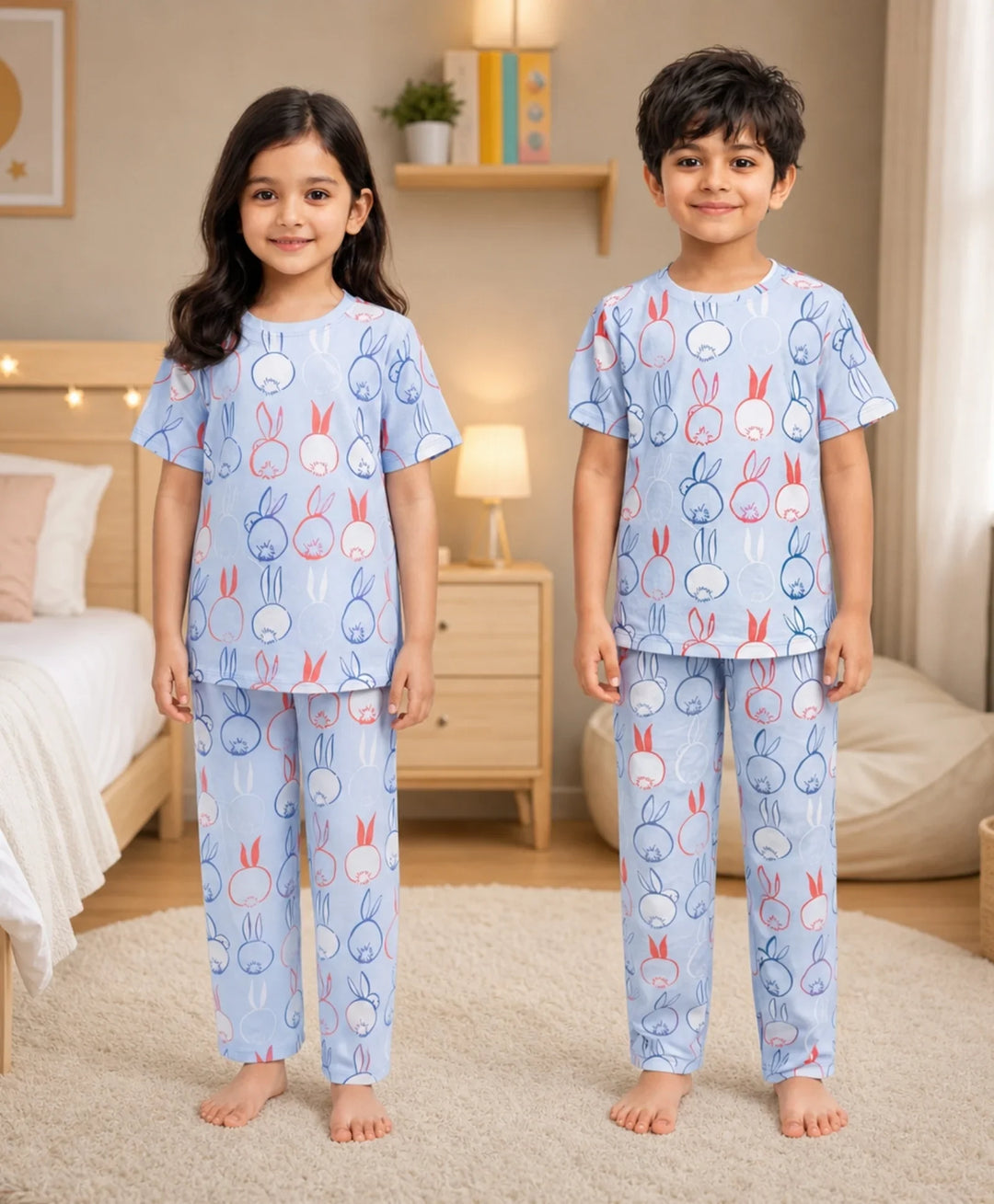 Rabbit Print Short Sleeve Pyjama Set - Blue