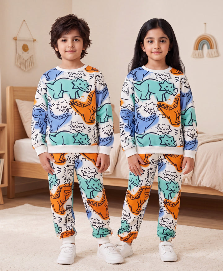 DINOSAUR WOW FLEECE SWEATSHIRT JOGGER SET - WHITE