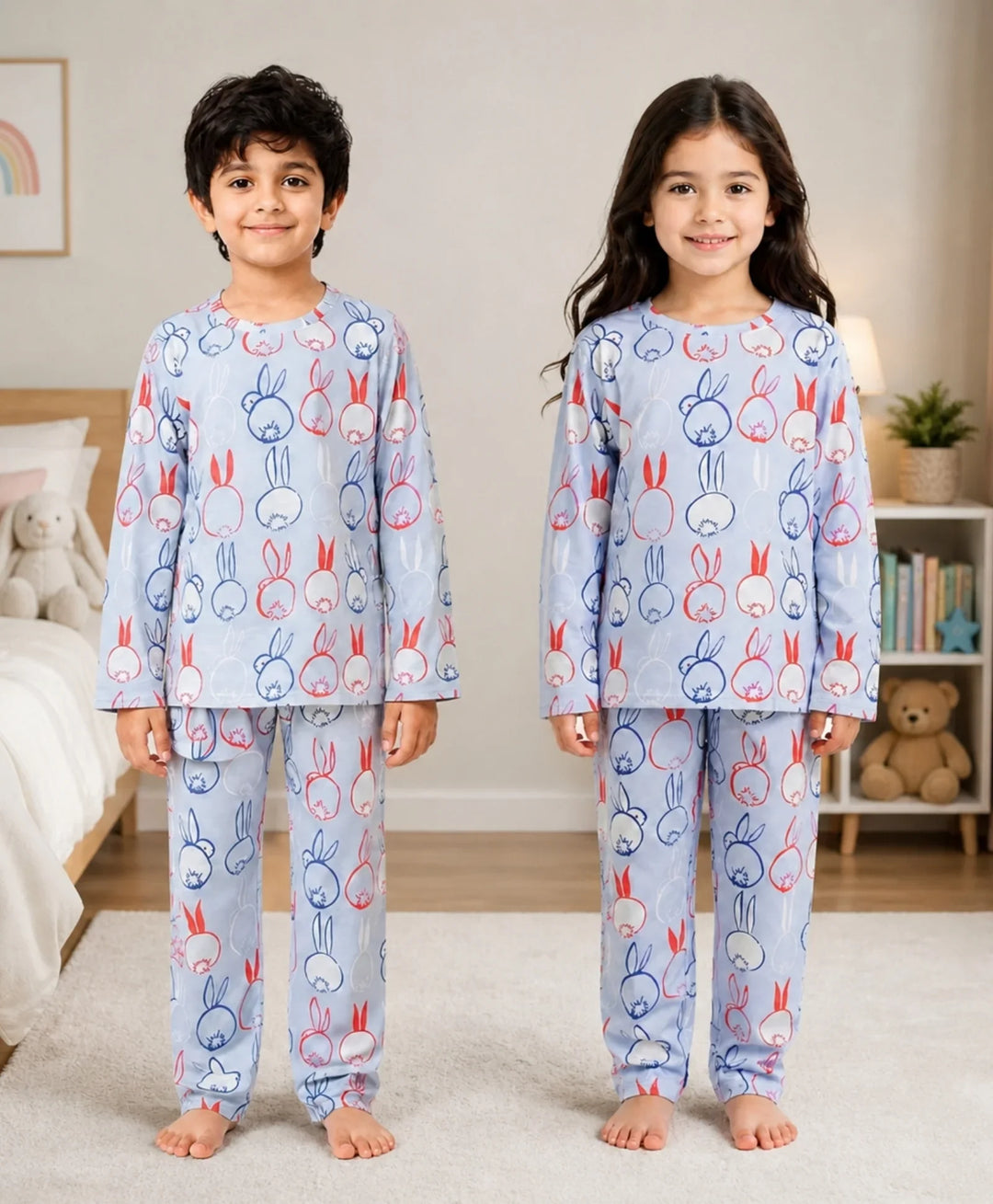 Rabbit Print Boys Long Sleeve Pyjama Set - Blue