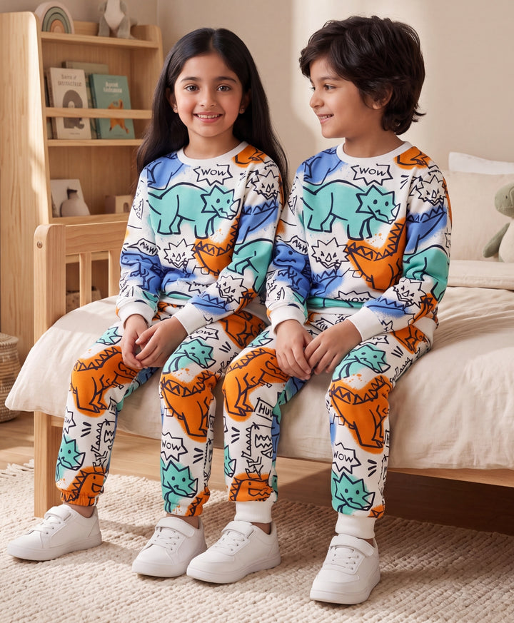 DINOSAUR WOW FLEECE SWEATSHIRT JOGGER SET - WHITE