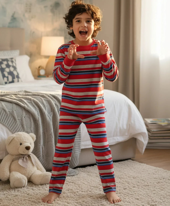 RED BLUE GREY STRIPE BOYS PYJAMA SET - MULTI