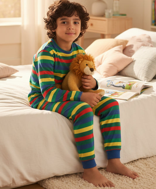 GREEN YELLOW RED STRIPE BOYS PYJAMA SET - MULTI