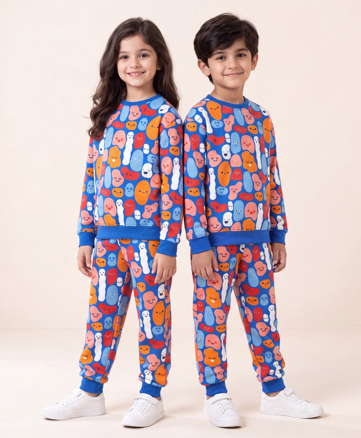 HAPPY BLOBS FLEECE SWEATSHIRT JOGGER  SET - BLUE