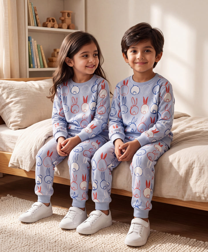 RABBIT PRINT FLEECE SWEATSHIRT JOGGER SET -BLUE