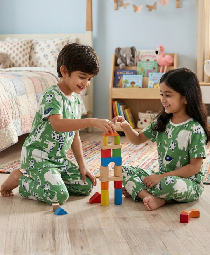 Animal Green Girls Short Sleeve Pyjama Set - Green