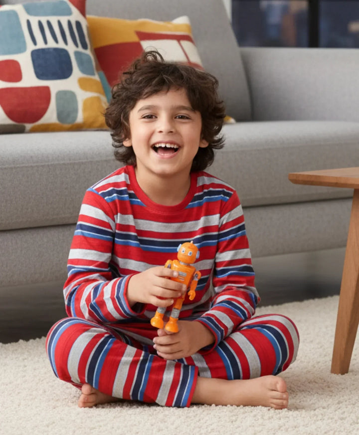 RED BLUE GREY STRIPE BOYS PYJAMA SET - MULTI