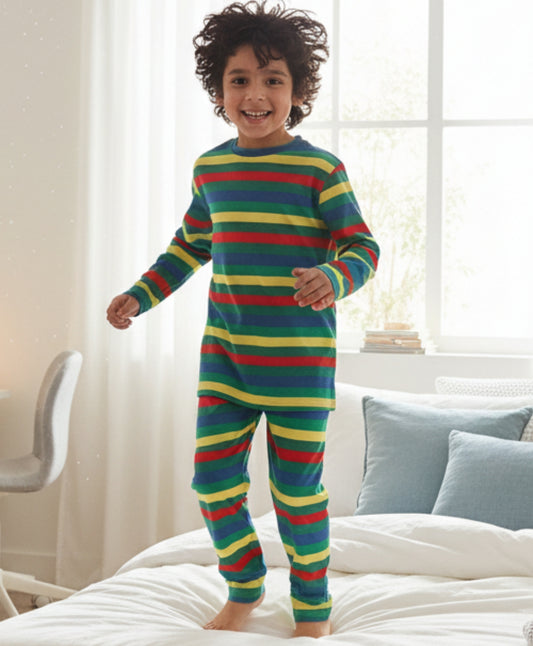 GREEN YELLOW RED STRIPE BOYS PYJAMA SET - MULTI